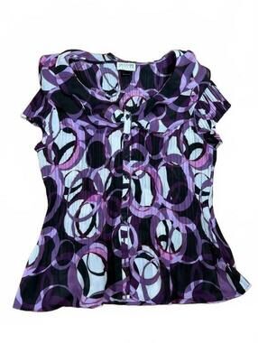 Allison Taylor Purple Black Ruffle Accordion Stretch Cap Sleeve Blouse Size S